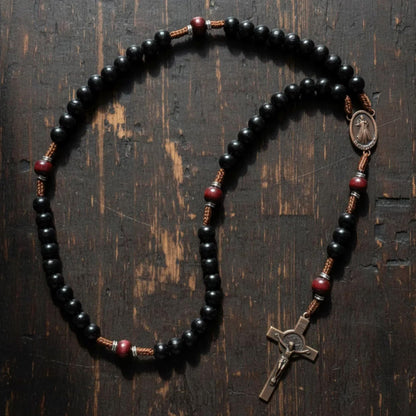 Handmade Solid Wood Catholic Rosary Beads Black & Dark Red Wood Mystery Beads Prayer Necklace with Antique Copper Guadalupe Medal & Crucifix 