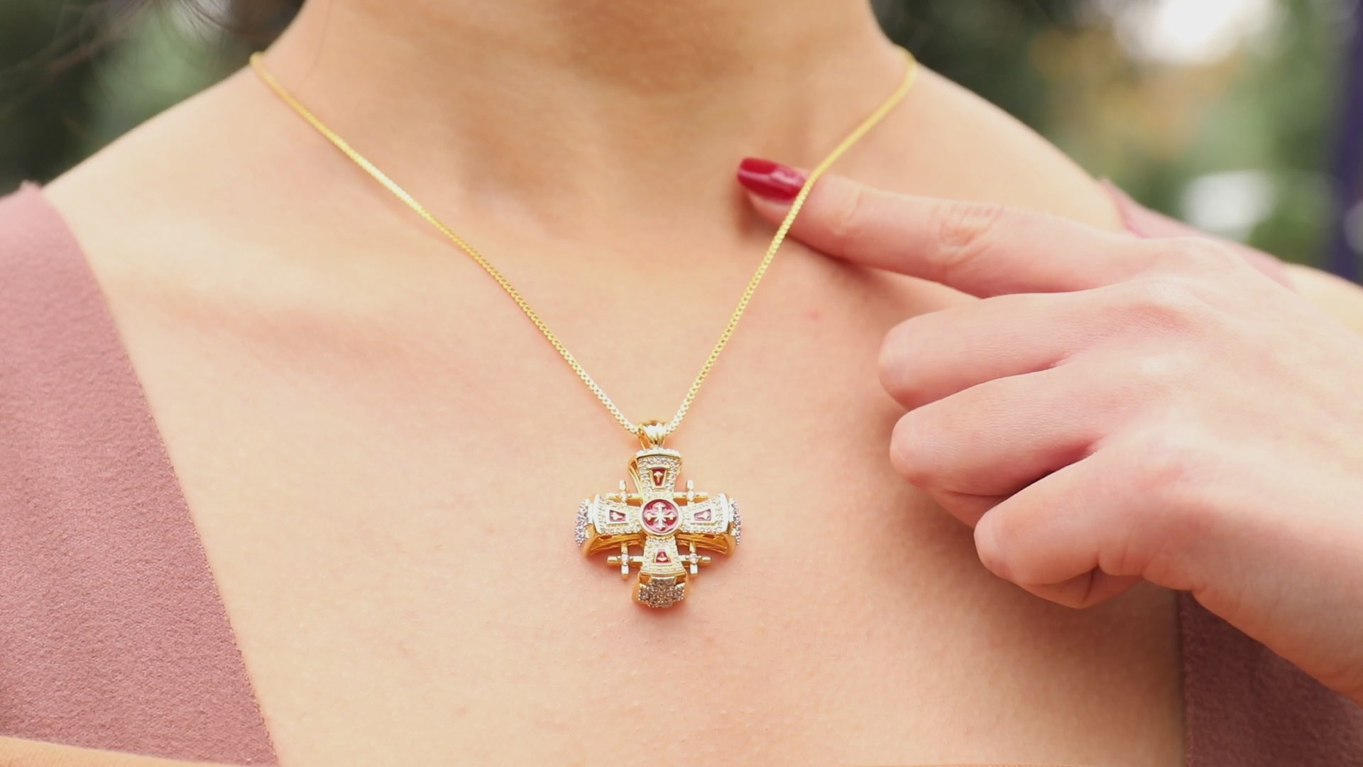 Jerusalem Crusader Cross Pendant Red Enamel Sterling Silver 925 Base 18K Yellow Gold Plating with Clear Rhinestones