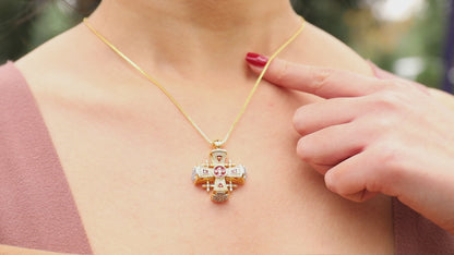 Jerusalem Crusader Cross Pendant Red Enamel Sterling Silver 925 Base 18K Yellow Gold Plating with Clear Rhinestones