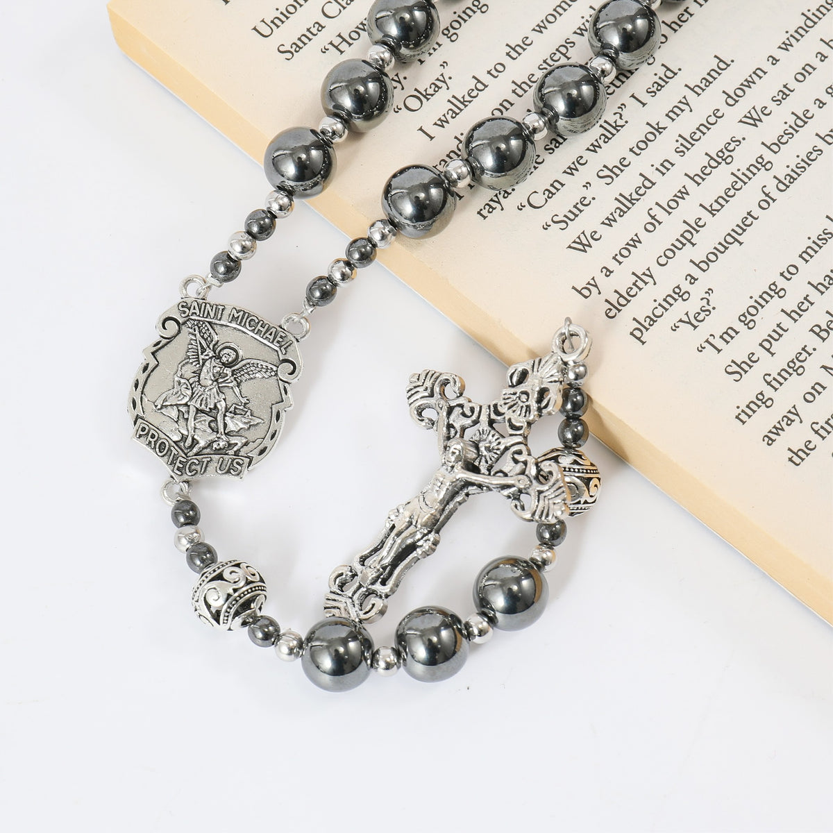 Black Hematite 10mm Rosary Necklace with Saint Michael Medal & Silver Crucifix - Nazareth Store