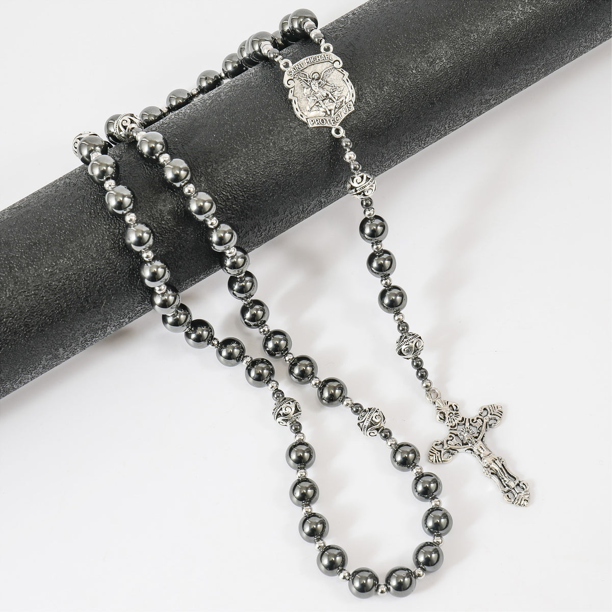Black Hematite 10mm Rosary Necklace with Saint Michael Medal & Silver Crucifix - Nazareth Store