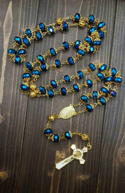 Deep Blue Crystal Rosary Necklace with Miraculous Medal & St. Benedict Crucifix - Nazareth Store