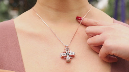 Jerusalem Cross Pendant 1.3" Rose Gold Plated with Black Enamel & Clear CZ Stones