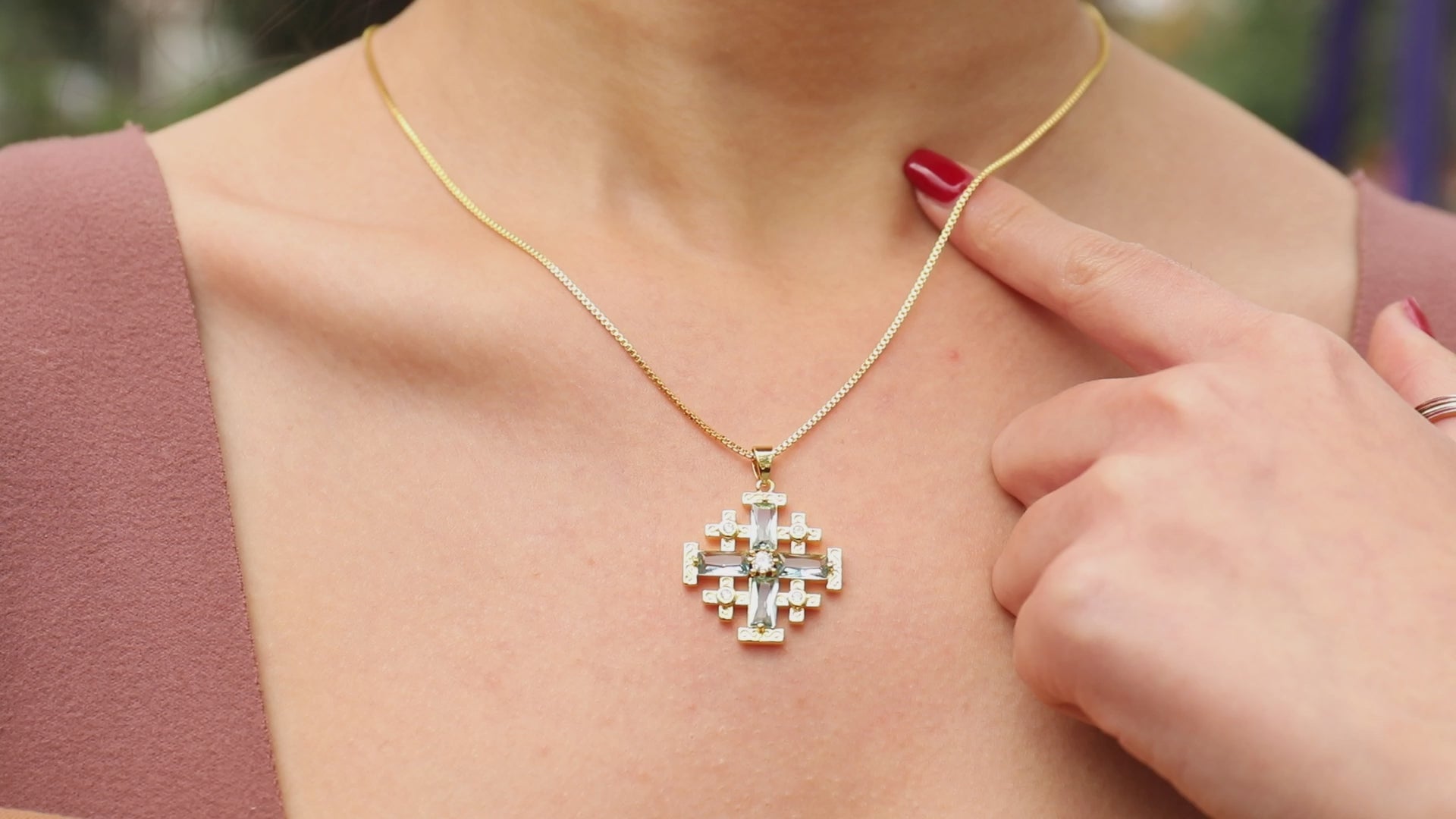 Turquoise Cross Pendant Gold Plated Necklace & Zircon Crystallized Glass