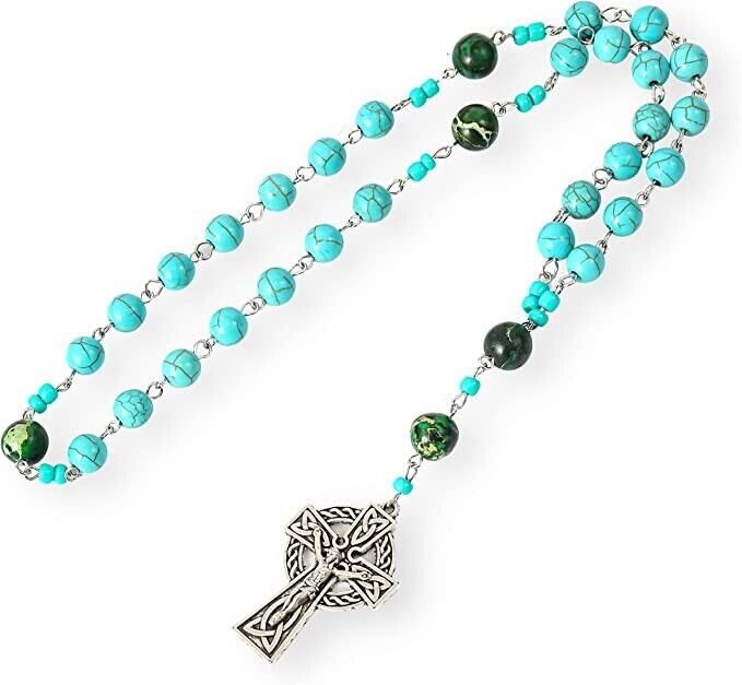 Turquoise Gemstone Beads Rosary Metal Beaded Prayer Rosary Celtic Cross Crucifix Nazareth Store