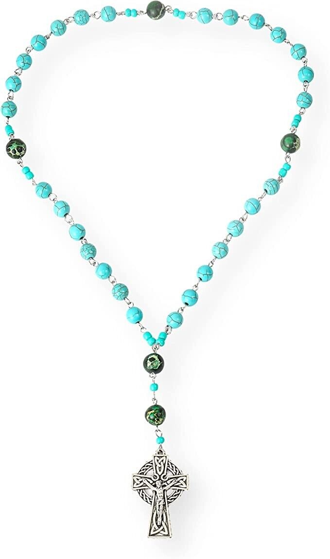 Turquoise Gemstone Beads Rosary Metal Beaded Prayer Rosary Celtic Cross Crucifix Nazareth Store