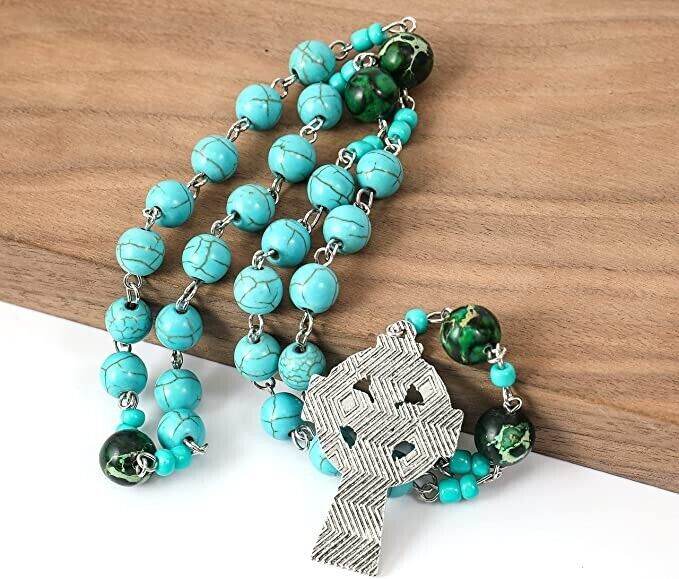 Turquoise Gemstone Beads Rosary Metal Beaded Prayer Rosary Celtic Cross Crucifix - Nazareth Store