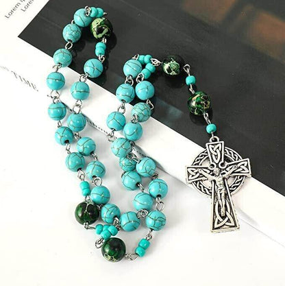 Turquoise Gemstone Beads Rosary Metal Beaded Prayer Rosary Celtic Cross Crucifix - Nazareth Store