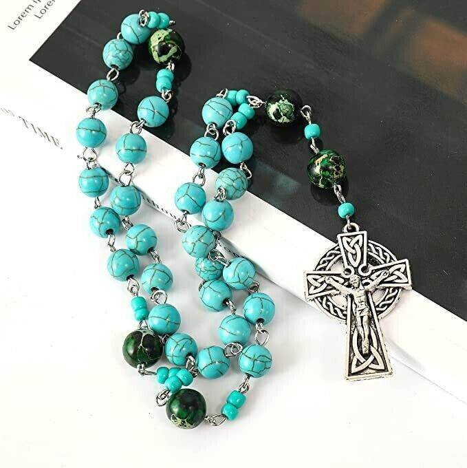 Turquoise Gemstone Beads Rosary Metal Beaded Prayer Rosary Celtic Cross Crucifix - Nazareth Store