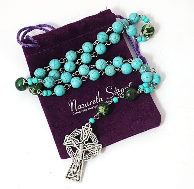 Turquoise Gemstone Beads Rosary Metal Beaded Prayer Rosary Celtic Cross Crucifix - Nazareth Store