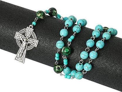 Turquoise Gemstone Beads Rosary Metal Beaded Prayer Rosary Celtic Cross Crucifix - Nazareth Store