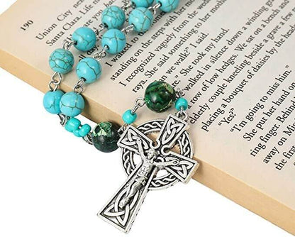 Turquoise Gemstone Beads Rosary Metal Beaded Prayer Rosary Celtic Cross Crucifix - Nazareth Store