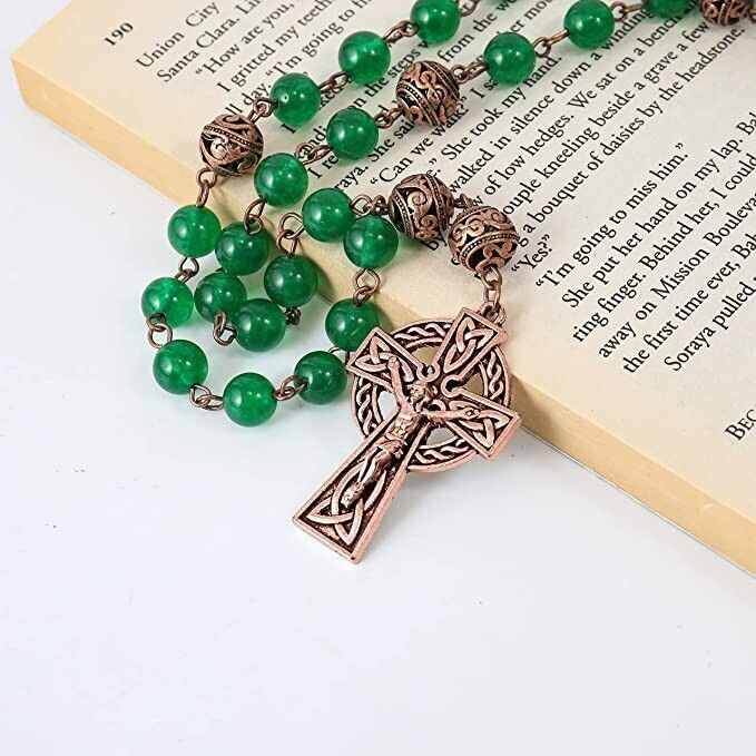 Green Jade Stone Beads Rosary Metal Beaded Prayer Rosary Celtic Cross Crucifix Nazareth Store