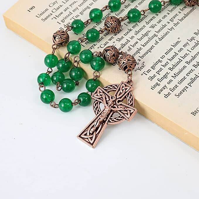 Green Jade Stone Beads Anglican Rosary Metal Beaded Prayer Rosary Celtic Cross - Nazareth Store