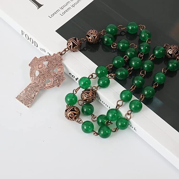 Green Jade Stone Beads Rosary Metal Beaded Prayer Rosary Celtic Cross Crucifix Nazareth Store