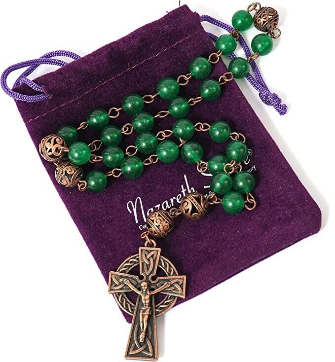 Green Jade Stone Beads Rosary Metal Beaded Prayer Rosary Celtic Cross Crucifix Nazareth Store