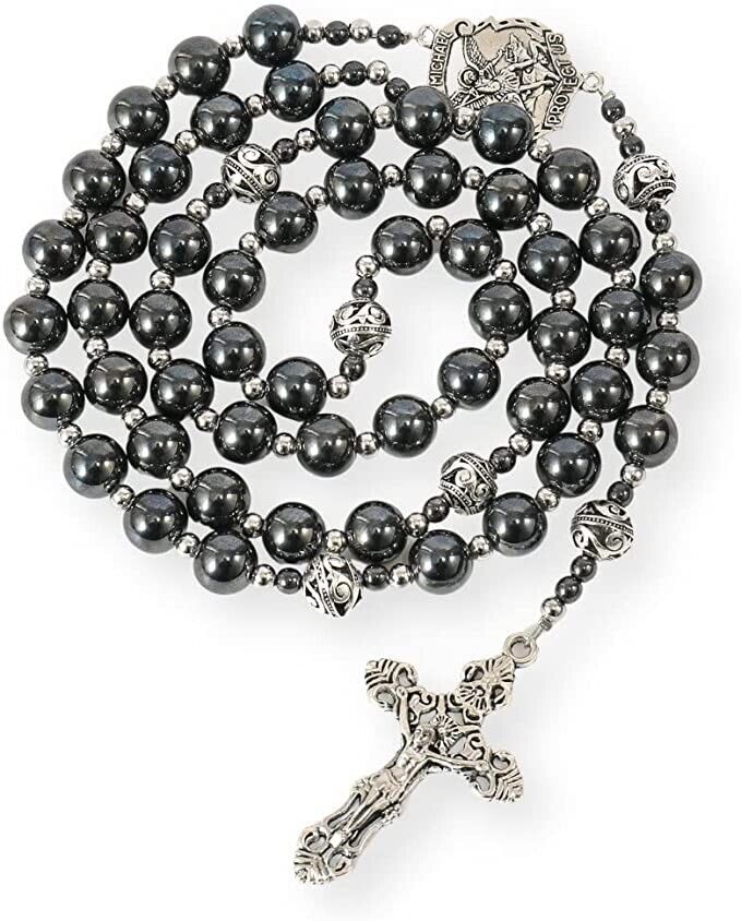 Hematite Rosary Black Stone Beads Necklace Metal Beaded St Michael Medal & Cross Nazareth Store