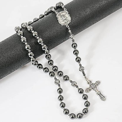 Black Stone Hematite Rosary Necklace Metal Beaded Saint Medal & Cross - Nazareth Store