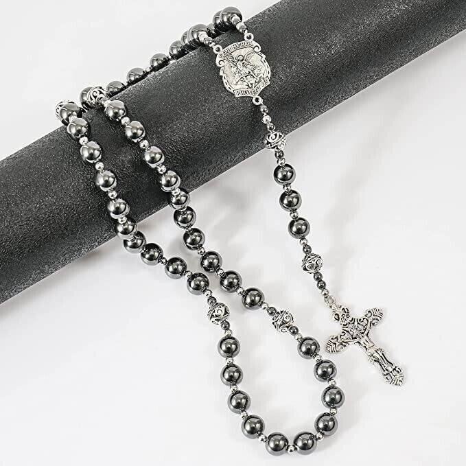 Black Stone Hematite Rosary Necklace Metal Beaded Saint Medal & Cross - Nazareth Store