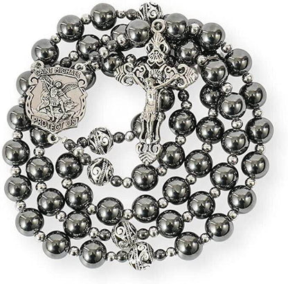 Black Stone Hematite Rosary Necklace Metal Beaded Saint Medal & Cross - Nazareth Store