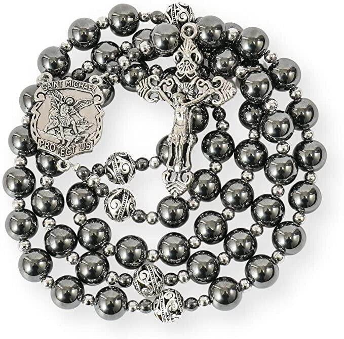 Black Stone Hematite Rosary Necklace Metal Beaded Saint Medal & Cross - Nazareth Store