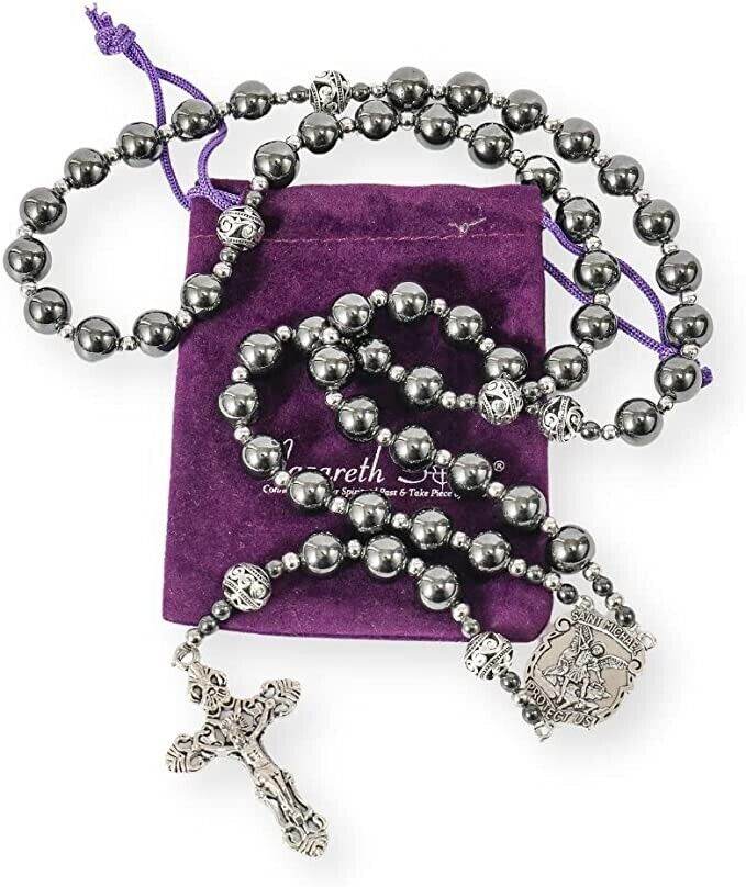 Black Stone Hematite Rosary Necklace Metal Beaded Saint Medal & Cross - Nazareth Store