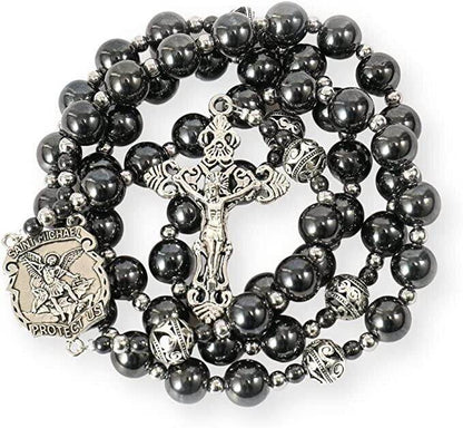 Black Stone Hematite Rosary Necklace Metal Beaded Saint Medal & Cross - Nazareth Store