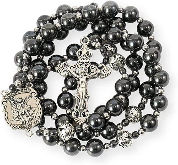 Black Stone Hematite Rosary Necklace Metal Beaded Saint Medal & Cross - Nazareth Store