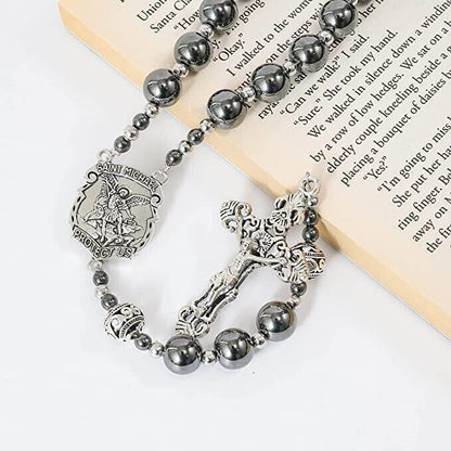 Black Stone Hematite Rosary Necklace Metal Beaded Saint Medal & Cross - Nazareth Store
