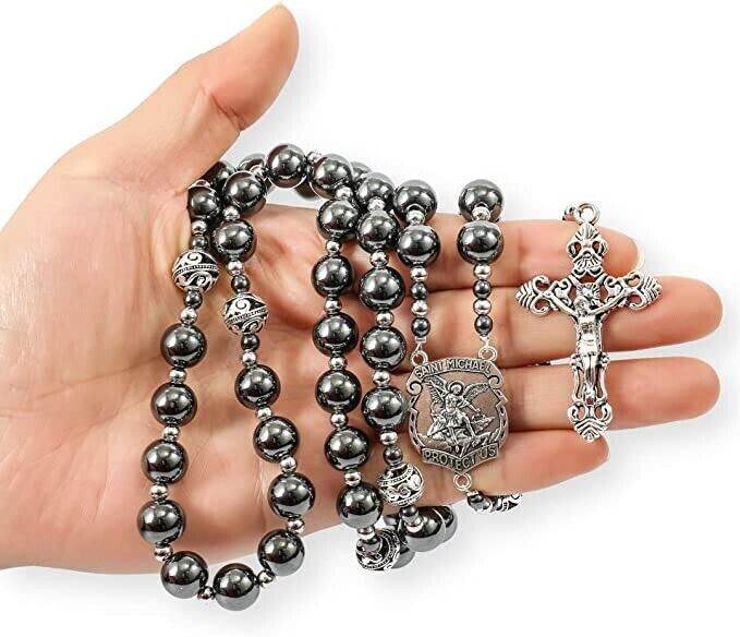 Black Stone Hematite Rosary Necklace Metal Beaded Saint Medal & Cross - Nazareth Store