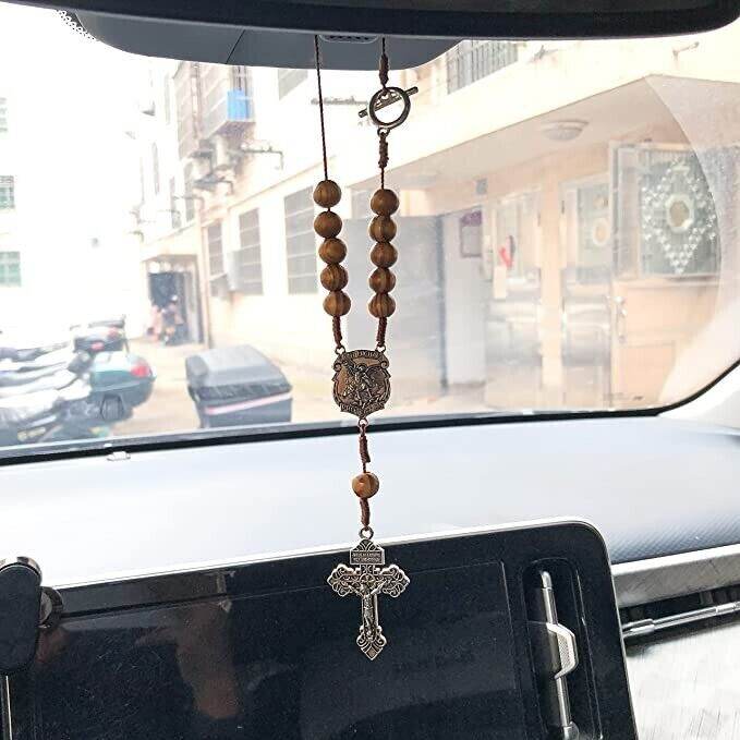 St. Michael Car Rearview Mirror Rosary One Decade Protection Wood Beads - Nazareth Store