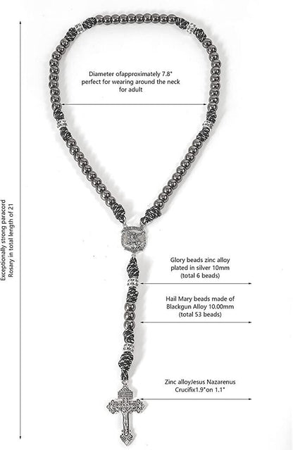 St. Michael Paracord Rosary Beaded Necklace Gun Black Metal Beads Men Rosary 20" Nazareth Store