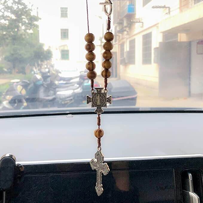 One Decade St. Benedict Car Rearview Mirror Rosary Wood Protection Beads - Nazareth Store