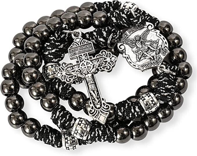 St. Michael Paracord Rosary Beaded Necklace Gun Black Metal Beads Men Rosary 20" Nazareth Store