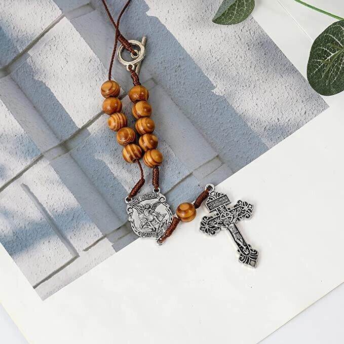 St. Michael Car Rearview Mirror Rosary One Decade Protection Wood Beads - Nazareth Store