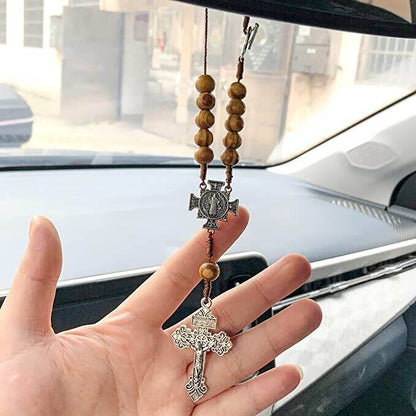 One Decade St. Benedict Car Rearview Mirror Rosary Wood Protection Beads - Nazareth Store