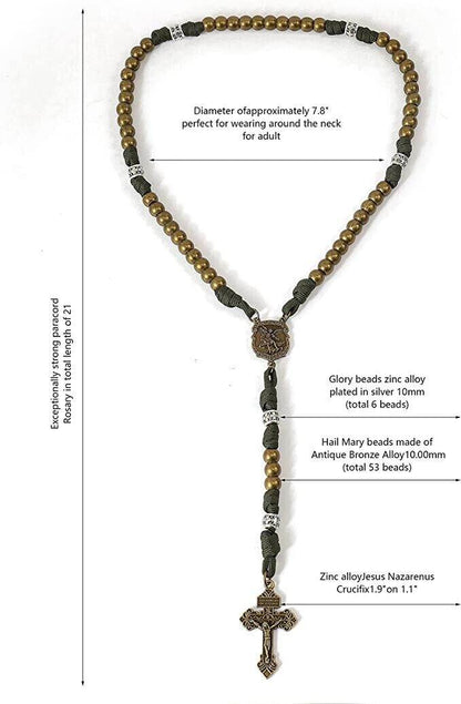 Bronze Beads Green Paracord with Silver Mystery Beads Rosary St Michael Medal & Pardon Crucifix - Nazareth Store