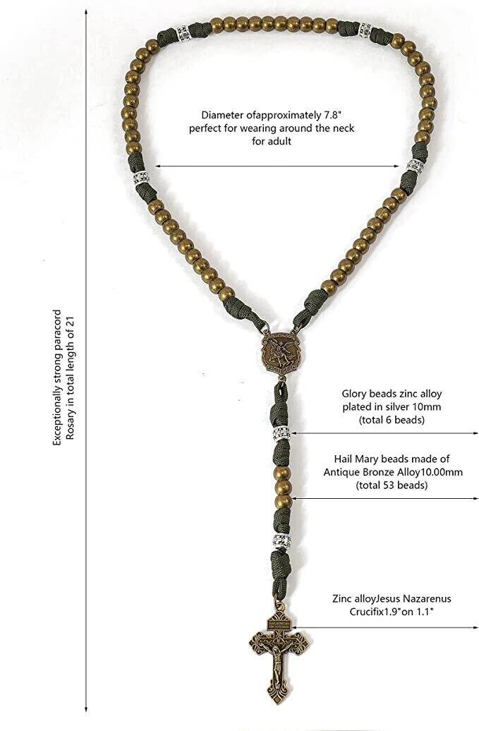 Bronze Beads Green Paracord with Silver Mystery Beads Rosary St Michael Medal & Pardon Crucifix - Nazareth Store