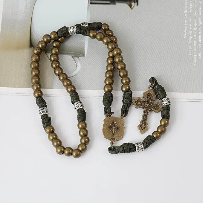 Bronze Beads Green Paracord with Silver Mystery Beads Rosary St Michael Medal & Pardon Crucifix - Nazareth Store