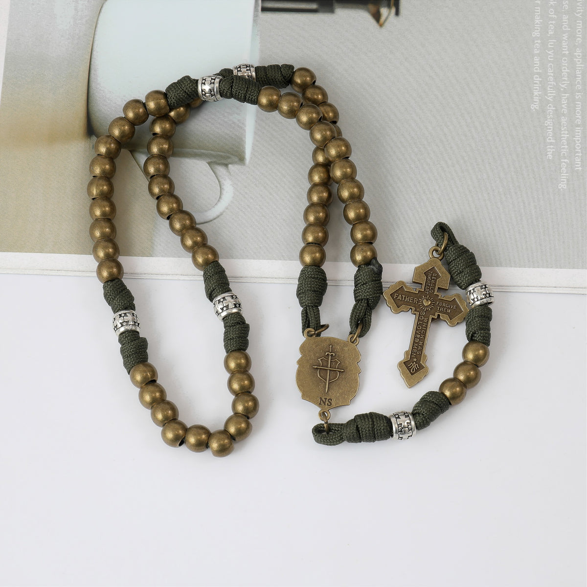 Bronze Beads Green Paracord Rosary Necklace St Michael Medal Pardon Crucifix - Nazareth Store