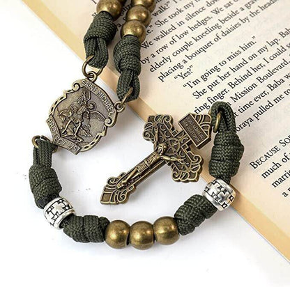 Bronze Beads Green Paracord with Silver Mystery Beads Rosary St Michael Medal & Pardon Crucifix - Nazareth Store