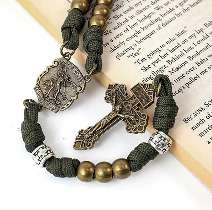 Bronze Beads Green Paracord with Silver Mystery Beads Rosary St Michael Medal & Pardon Crucifix - Nazareth Store