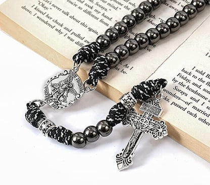 St. Michael Paracord Rosary Beaded Necklace Gun Black Metal Beads Men Rosary 20" Nazareth Store