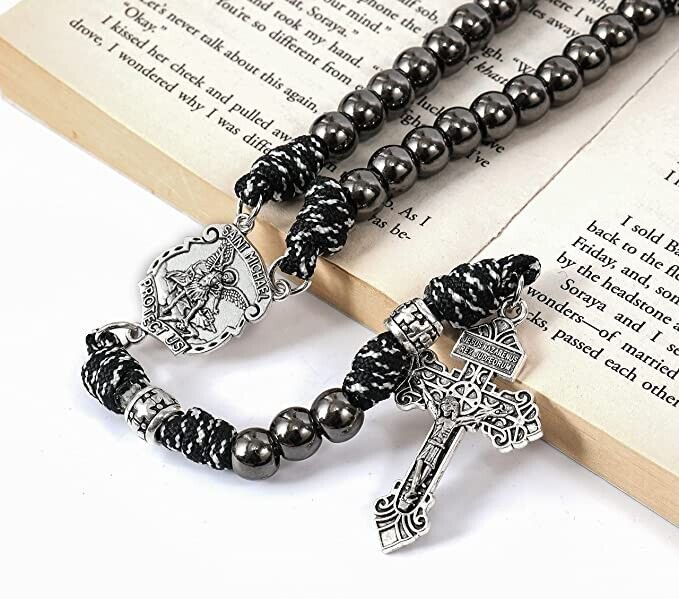 St. Michael Paracord Rosary Beaded Necklace Gun Black Metal Beads Men Rosary 20" Nazareth Store