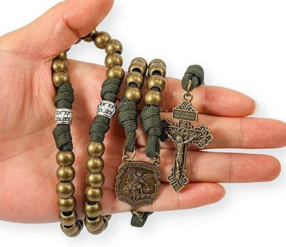 Bronze Beads Green Paracord with Silver Mystery Beads Rosary St Michael Medal & Pardon Crucifix - Nazareth Store