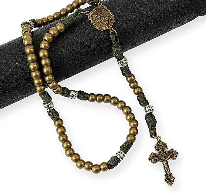 Bronze Beads Green Paracord with Silver Mystery Beads Rosary St Michael Medal & Pardon Crucifix - Nazareth Store