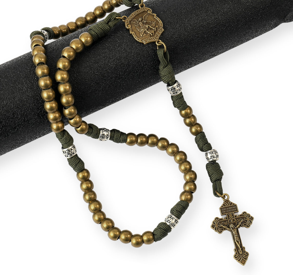 Bronze Beads Green Paracord Rosary Necklace St Michael Medal Pardon Crucifix - Nazareth Store