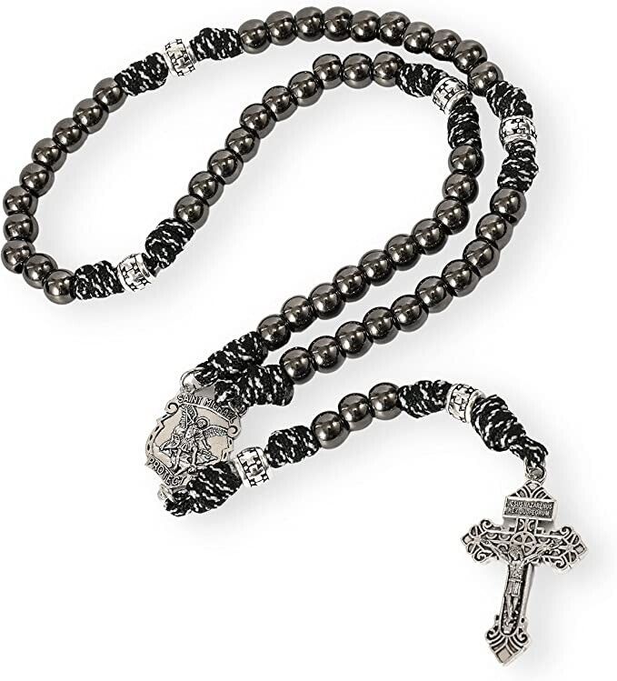 St. Michael Paracord Rosary Beaded Necklace Gun Black Metal Beads Men Rosary 20" Nazareth Store