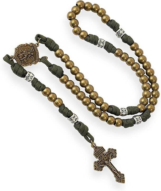 Bronze Beads Green Paracord with Silver Mystery Beads Rosary St Michael Medal & Pardon Crucifix - Nazareth Store