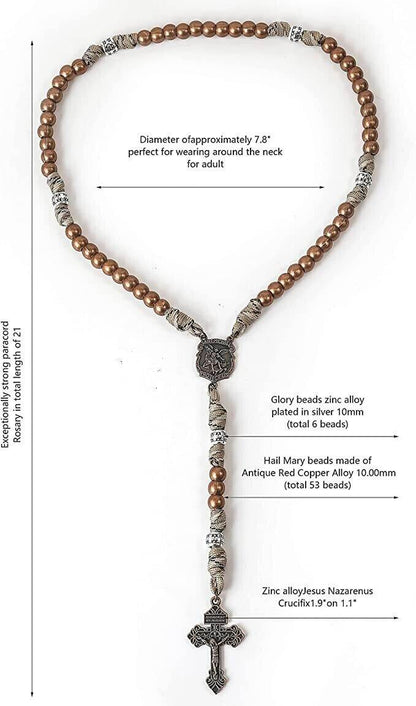 St. Michael Copper Rugged Paracord Rosary Necklace Strong Metal Beads Our Father Rosario - Nazareth Store